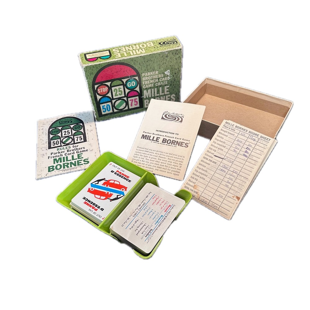 Vintage 1962 Mille Bornes Parker Brothers French Card Game Complete Green Tray